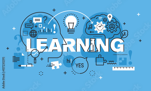 Modern thin line design concept for LEARNING website banner. Vector illustration concept for education, sharing ideas and experiences, brainstorming.