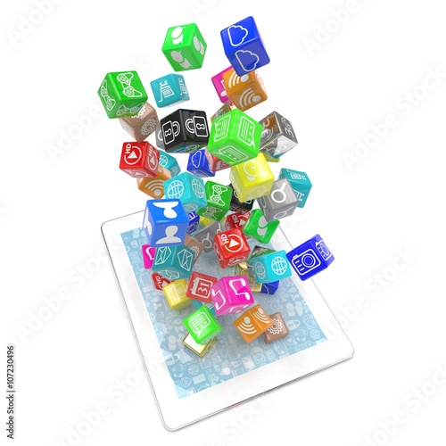 icon app fall in tablet pc. 3d rendering.