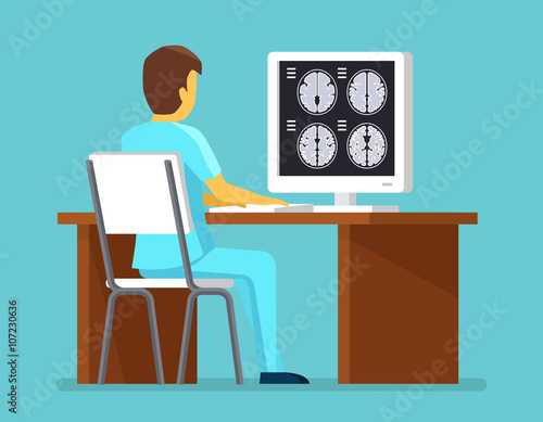 Doctor researches results of MRI scan. Health and care vector concept