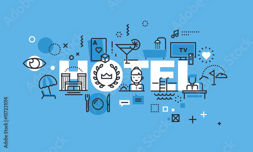 Modern thin line design concept for HOTEL website banner. Vector illustration concept for travel and tourism, hotel services and facilities.