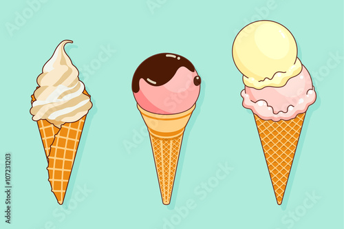 Set of colorful tasty isolated ice cream at a turquoise background. Crunchy wafer cone filled with scoop of  lemon and strawberry ice cream, pink ice cream with chocolate topping, white and beige