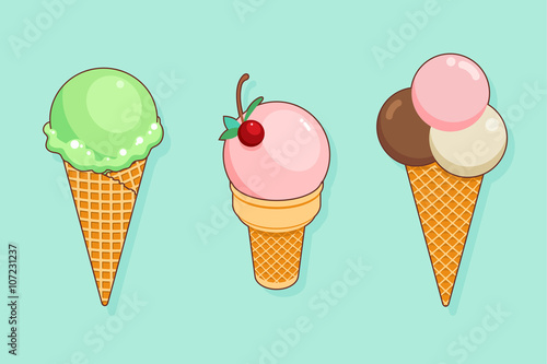 Set of colorful tasty isolated ice cream at a turquoise background. Crunchy wafer cone filled with scoop of pink ice cream with a cherry and mint, scoop of mint ice cream. Vector Illustration.