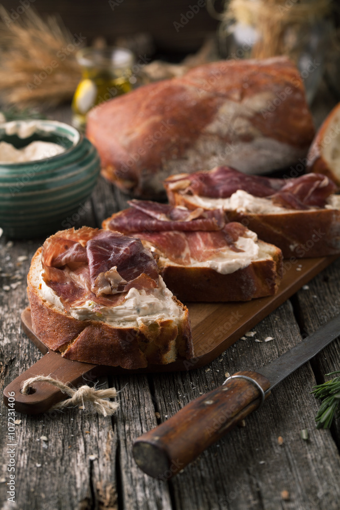 Ciabatta Bread with meat Black Angus Beef with cheese paste and Ciabatta Bread with meat Black Angus Beef with cheese paste and
