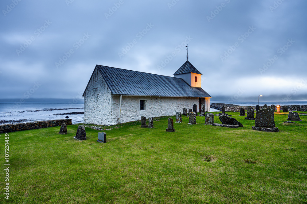 Small village church with cemetery in Kirkjubour, Faroe Islands, Small village church with cemetery in Kirkjubour, Faroe Islands,