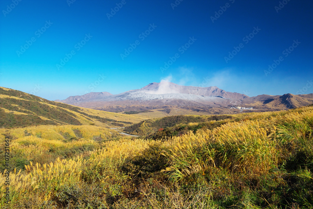 View of Mt. Aso that is spewing smoke at Autumn