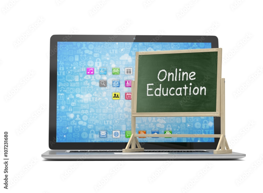 Laptop with chalkboard, online education concept. 3d rendering. Laptop with chalkboard, online education concept. 3d rendering.
