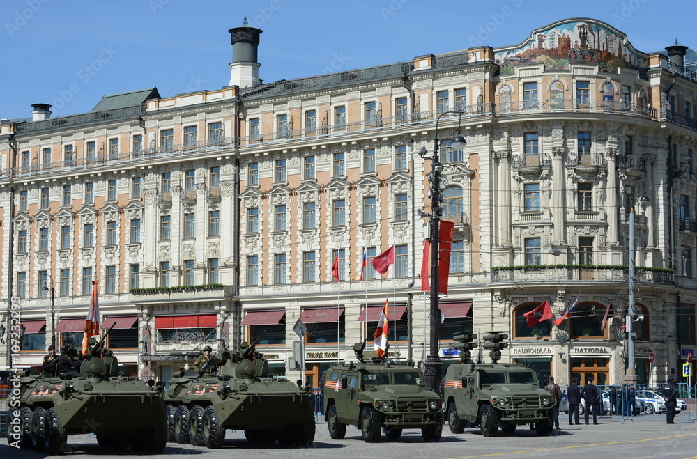 Armored vehicles in rehearsal celebration of the Victory Parade in Moscow.