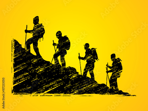 A group of people walking on mountain designed using grunge brush graphic vector.