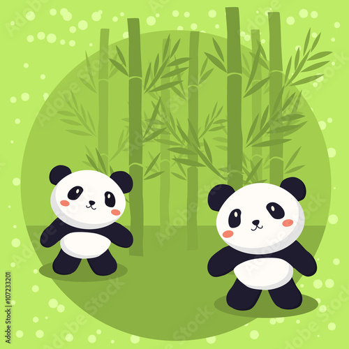 Fototapeta Naklejka Na Ścianę i Meble -  Two cute little panda bears cartoon standing in green bamboo background.