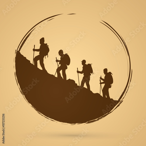 A group of people walking on mountain graphic vector.