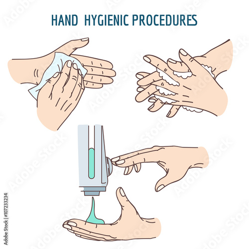 Hand washing, sanitizer disinfectant, cleaning hands using antibacterial wipes