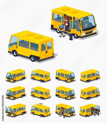 Passenger minivan. 3D lowpoly isometric vector illustration. The set of objects isolated against the white background and shown from different sides