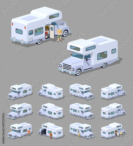 White motor home. 3D lowpoly isometric vector illustration. The set of objects isolated against the grey background and shown from different sides