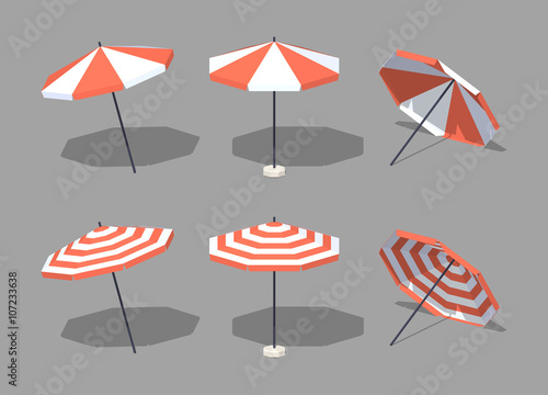 Sun umbrellas. 3D lowpoly isometric vector illustration. The set of objects isolated against the grey background and shown from one side photo