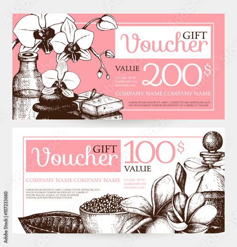 Vector Gift voucher design with hand drawn spa illustration. Spa sketch background with vintage orchids and plumeria flowers. Gift voucher template for spa salon.