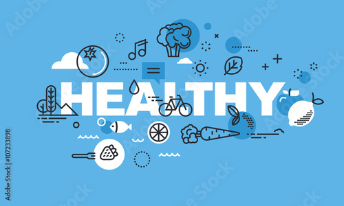 Modern thin line design concept for HEALTHY website banner. Vector illustration concept for healthy lifestyle, active living, healthy food, healthy environment.