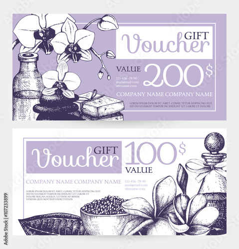 Vector Gift voucher design with hand drawn spa illustration. Spa sketch background with vintage orchids and plumeria flowers. Gift voucher template for spa salon.