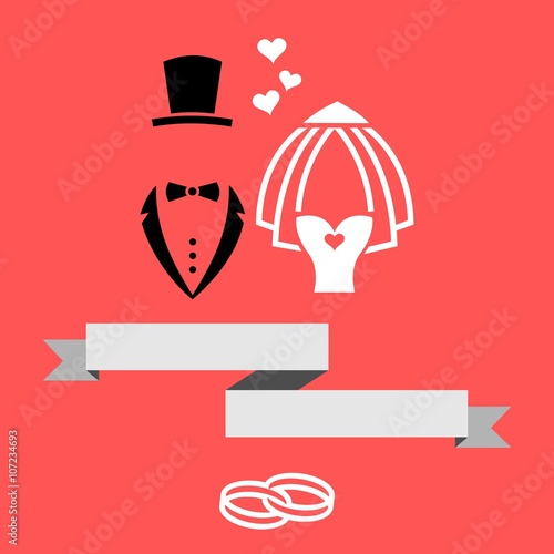 Groom And Bride Marriage Invitation Card With Banner & Rings Flat Modern Vector Illustration