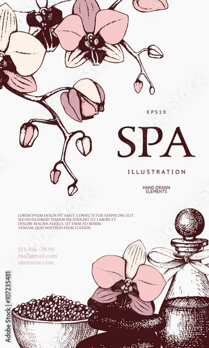 Vector Gift voucher design with hand drawn spa illustration. Spa sketch background with vintage orchids and plumeria flowers. Gift voucher template for spa salon.