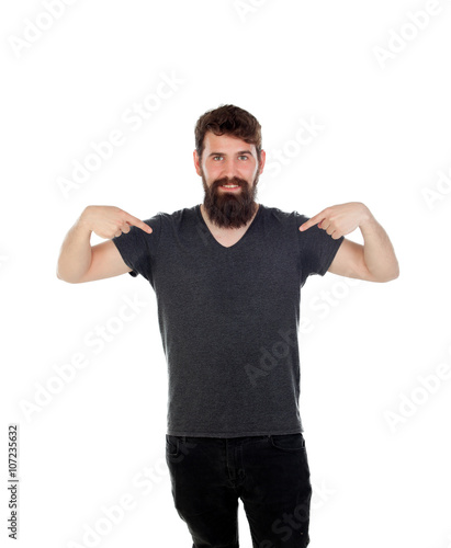 Man with long beard pointing to himself