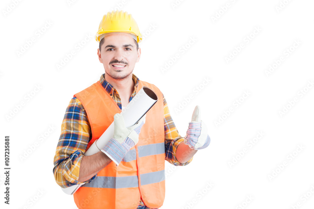 Cheerful architect holding a design paper work and thumb up Cheerful architect holding a design paper work and thumb up
