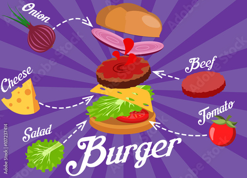 Hand drawn vector illustration of Ground Burger with various ingredients: onions, salad, bun with sesame seeds, tomatoes, cheese, ketchup and meat cutlet