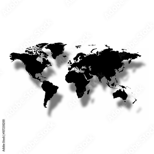 Black map of the world with shadow on a white background
