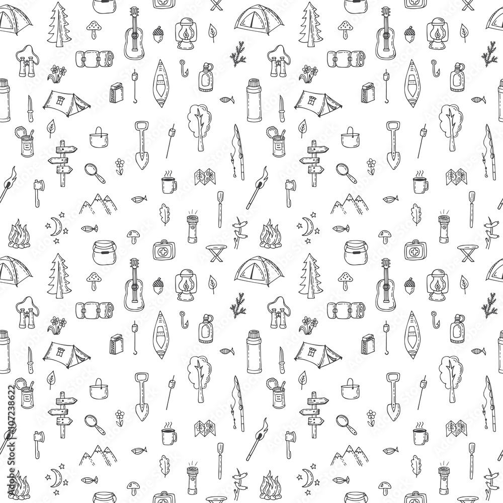 Hand drawn hike seamless pattern. Doodle camping elements. Picni
