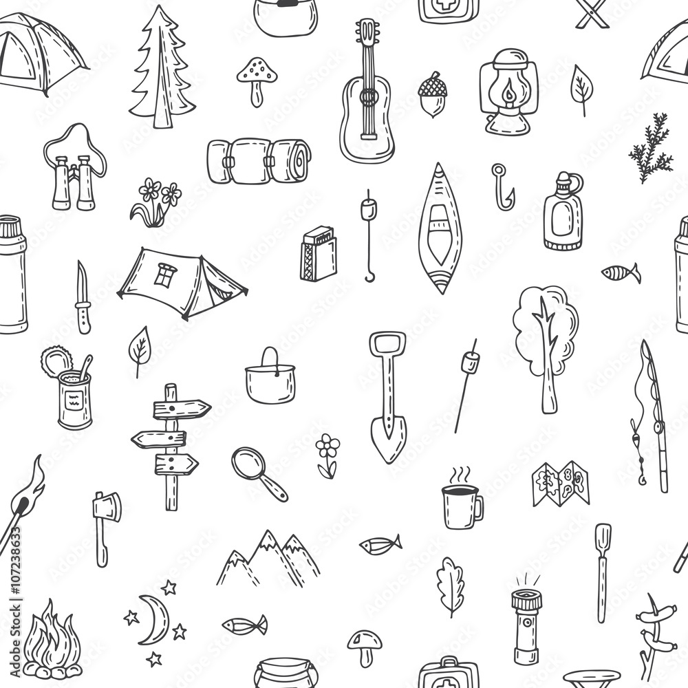Hand drawn hike seamless pattern. Picnic, travel, hiking and cam