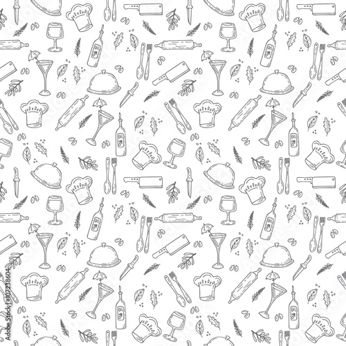 Hand drawn food seamless pattern. Sketch kitchen doodle design e