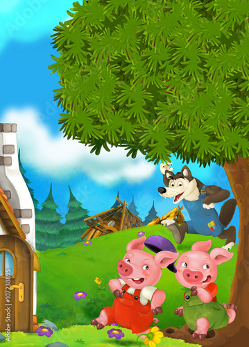 Cartoon scene of two running pigs to the house - illustration for children