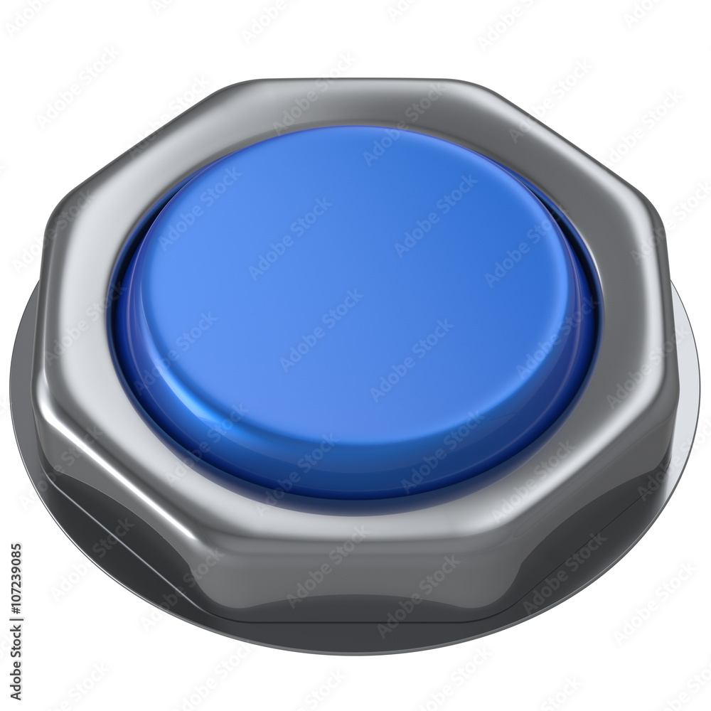 Push button blue down activate power switch start turn on off action ignition electric design element metallic shiny blank. 3d render isolated Push button blue down activate power switch start turn on off action ignition electric design element metallic shiny blank. 3d render isolated