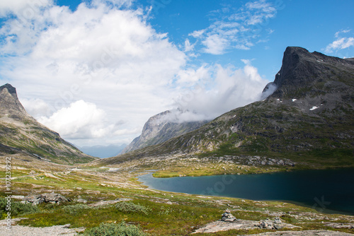 Fototapeta Naklejka Na Ścianę i Meble -  Landscape with mountains and mountain lake near Trollstigen, Norway