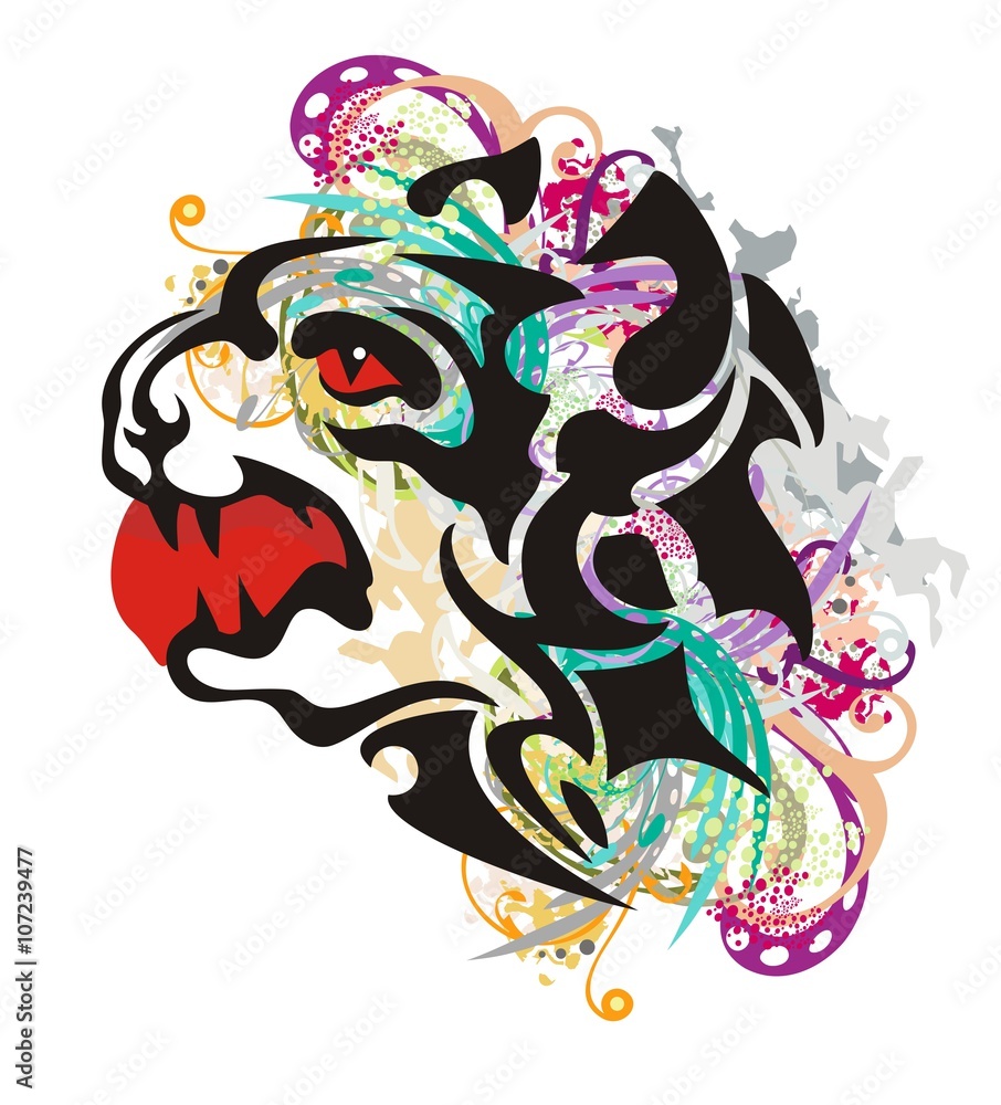 Naklejka Grunge tribal aggressive dog head. The furious dog head with a bloody eye, colorful drops and floral elements splashes