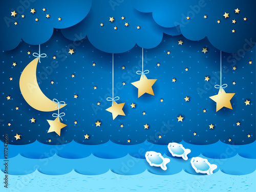 Surreal seascape with moon and stars