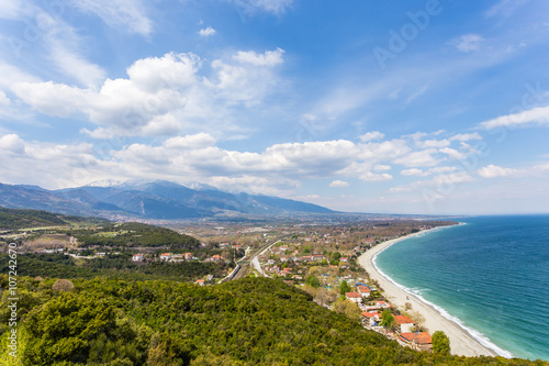 Sea. Top view on Platamon village from fortress wall, Greece, Europe
