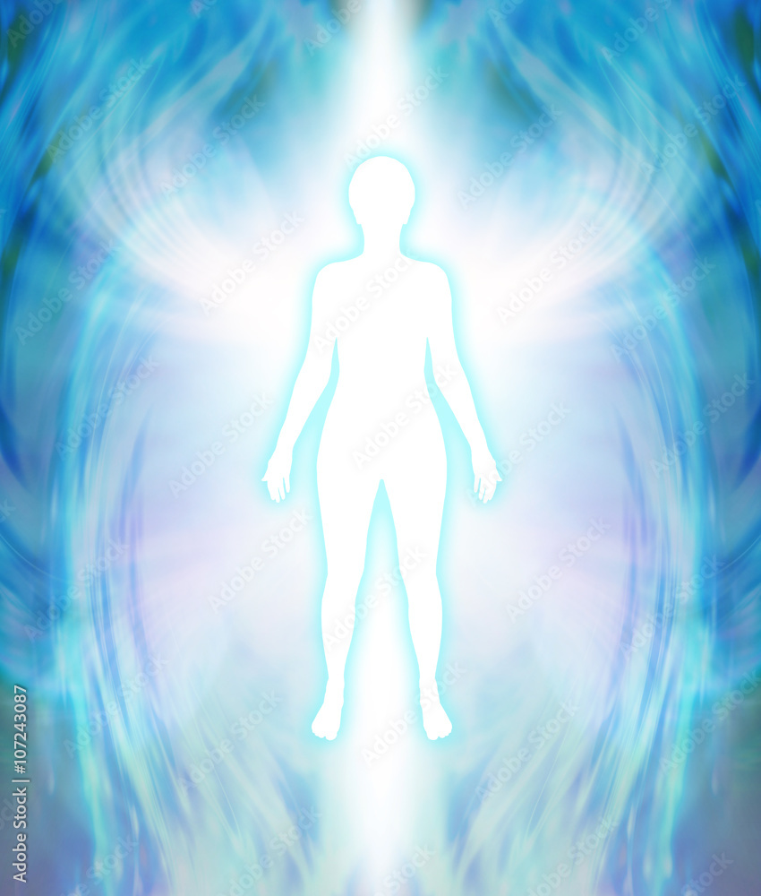 Angelic Aura Cleanse a white female silhouette figure with turquoise