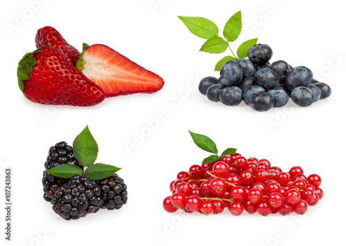 tasty ripe mixed berries composition set with leaf isolated on white