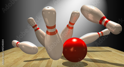 Obraz na plátně Bowlingbahn mit Bowlingkegeln und Bowlingkugel