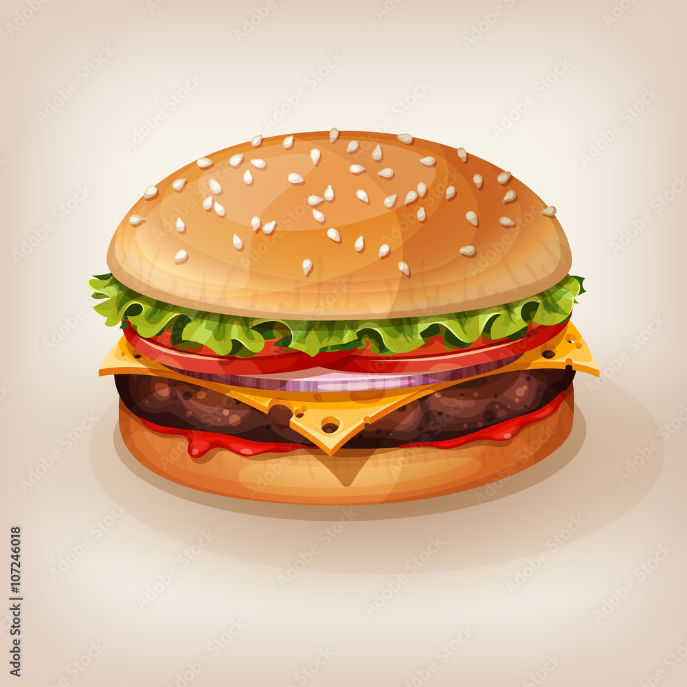 Delicious burger with juicy beef, fresh lettuce, tomato, onion, cheese and ketchup. Vector illustration of yummy hamburger for takeout menu, fast food restaurant or BBQ invitation. Cartoon style icon. Delicious burger with juicy beef, fresh lettuce, tomato, onion, cheese and ketchup. Vector illustration of yummy hamburger for takeout menu, fast food restaurant or BBQ invitation. Cartoon style icon.