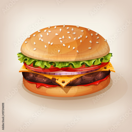 Delicious burger with juicy beef, fresh lettuce, tomato, onion, cheese and ketchup. Vector illustration of yummy hamburger for takeout menu, fast food restaurant or BBQ invitation. Cartoon style icon.