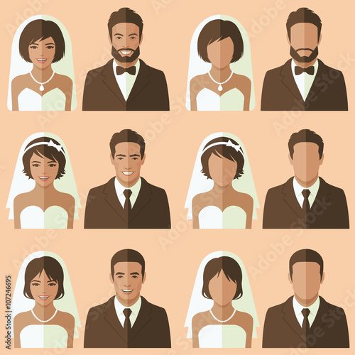 wedding face avatar, vector groom and bride portrait