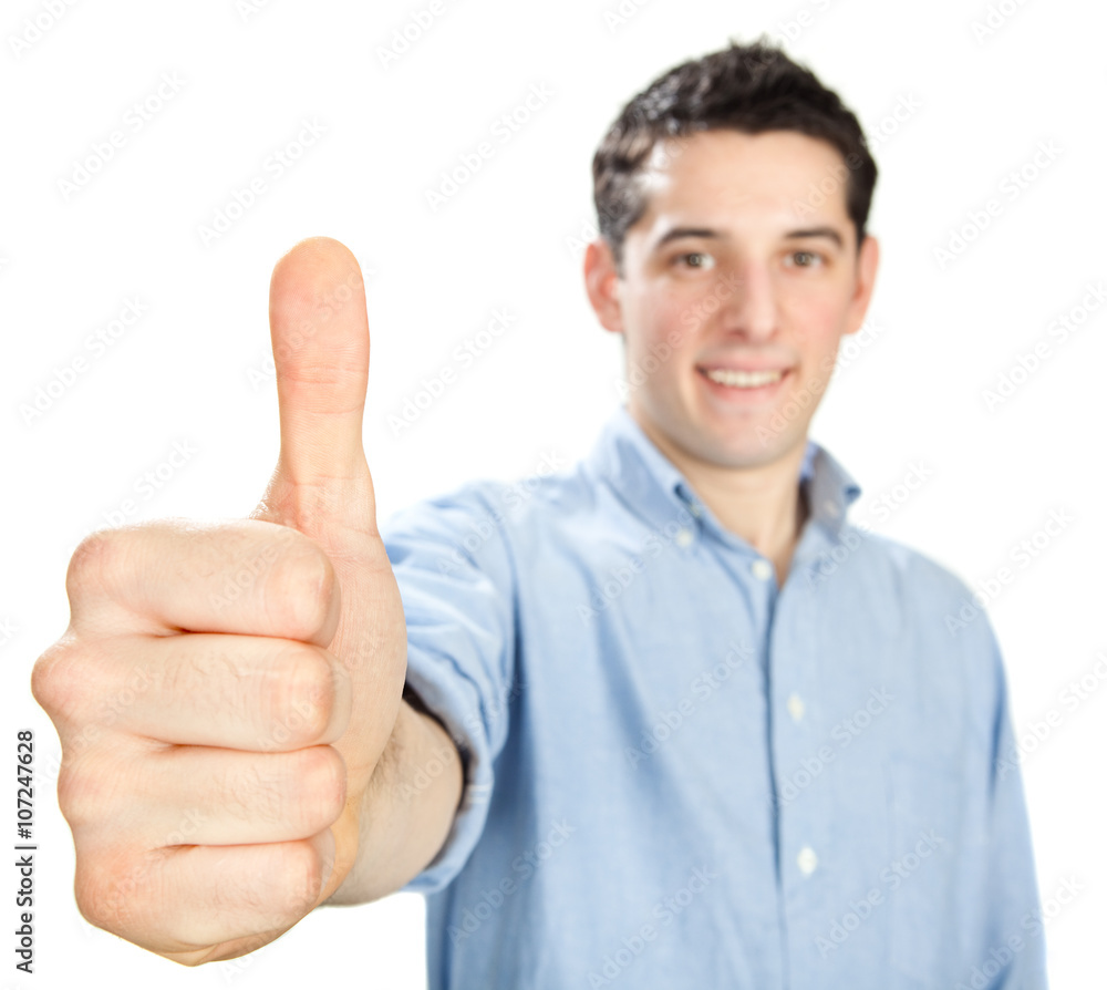 young beautiful happy man thum up isolated on white young beautiful happy man thum up isolated on white