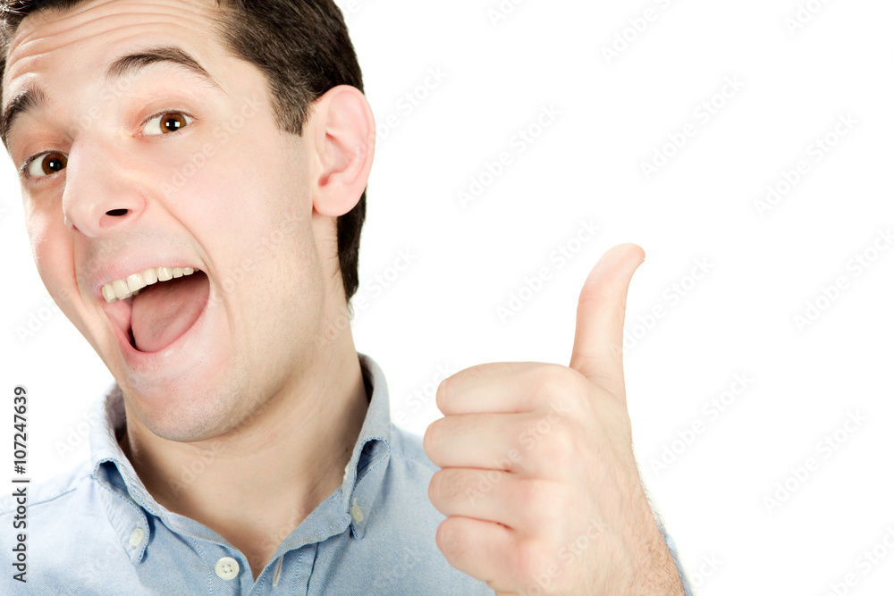 young beautiful happy man thum up isolated on white young beautiful happy man thum up isolated on white