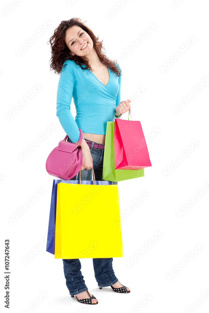 happy beautiful woman show shop bag isolated on white happy beautiful woman show shop bag isolated on white