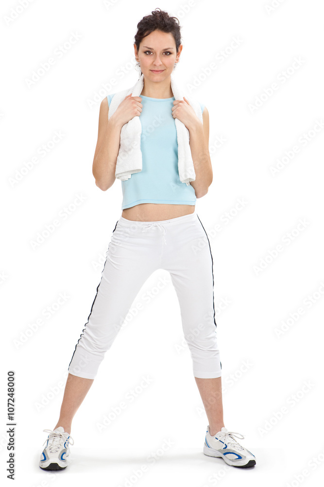 young beautiful woman relax after fitness isolated on white young beautiful woman relax after fitness isolated on white