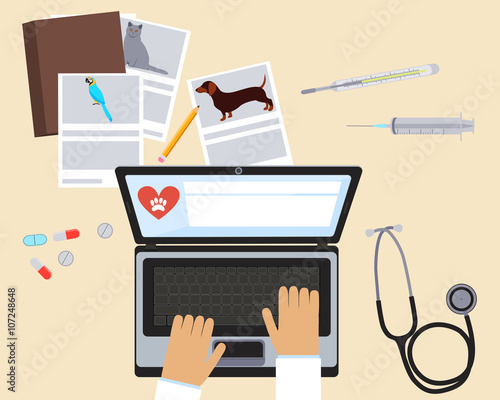 Top view of a vet workplace. Unusual perspective. Vector illustration