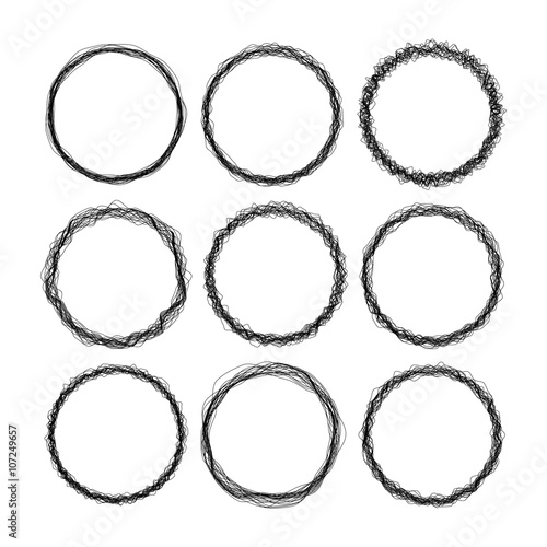 Set of 9 round grunge wire style black vector frames
