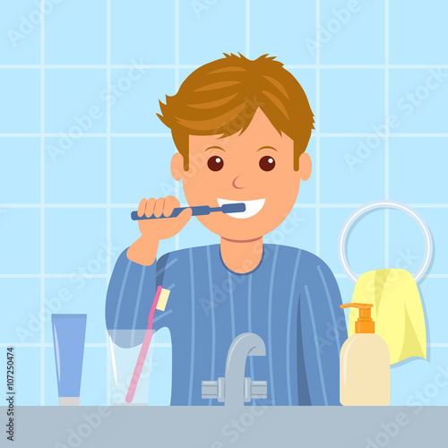 The child in pajamas brushing teeth before bedtime. Oral hygiene. Cartoon character of a man with toothbrush in his hand. Taking care of dental health.