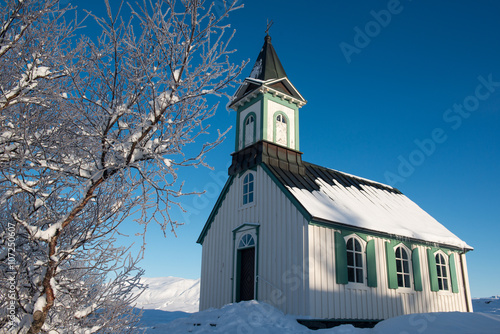 Small Church in Thingvellir national park at winter, Iceland photo